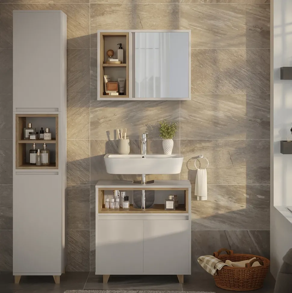 Badmöbel-Set Elnor Greige 3 Teile mit Hochschrank Vicco