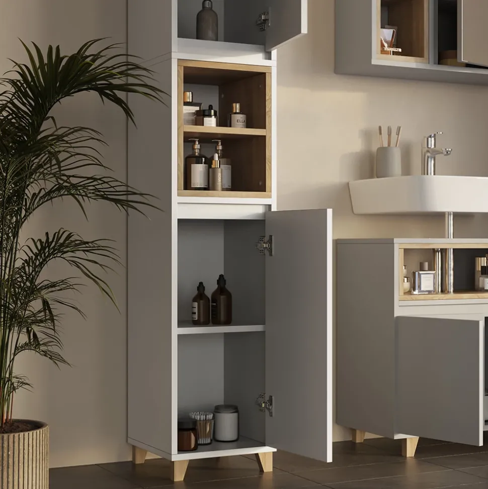 Badmöbel-Set Elnor Greige 3 Teile mit Hochschrank Vicco