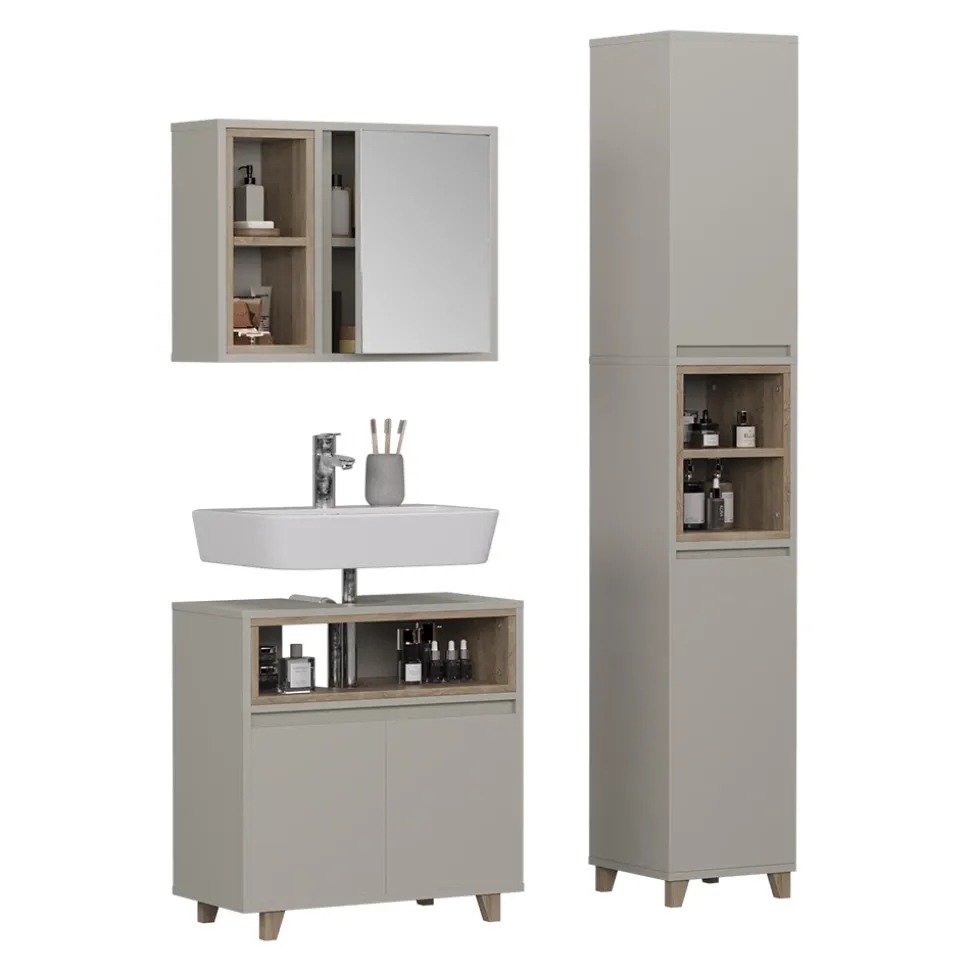 Badmöbel-Set Elnor Greige 3 Teile mit Hochschrank Vicco