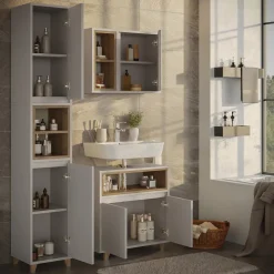 Badmöbel-Set Elnor Greige 3 Teile mit Hochschrank Vicco