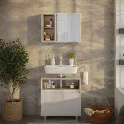 Badmöbel-Set Elnor Greige mit Spiegelschrank und Unterschrank Vicco