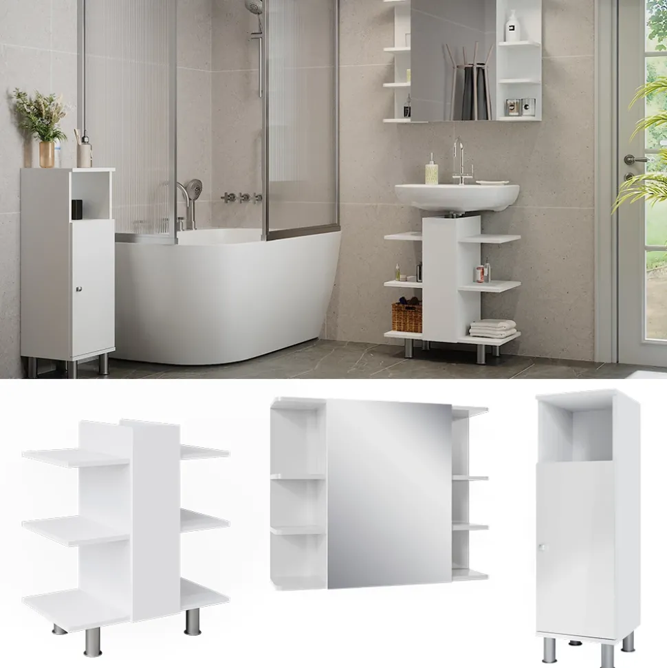 Badmöbel-Set Fynn Weiß 3 Teile, mit Midischrank Vicco