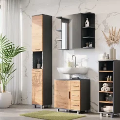 Badmöbel-Set Ilias Anthrazit/Goldkraft Eiche 4 Teile Vicco