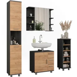 Badmöbel-Set Ilias Anthrazit/Goldkraft Eiche 4 Teile Vicco