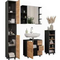 Badmöbel-Set Ilias Anthrazit/Goldkraft Eiche 4 Teile Vicco