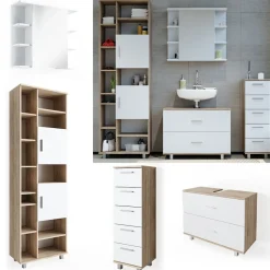 Badmöbel-Set Ilias Weiß/Sonoma 4 Teile, mit Hochschrank Vicco