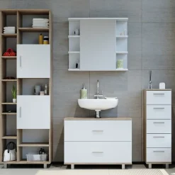 Badmöbel-Set Ilias Weiß/Sonoma 4 Teile, mit Hochschrank Vicco