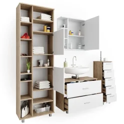 Badmöbel-Set Ilias Weiß/Sonoma 4 Teile, mit Hochschrank Vicco