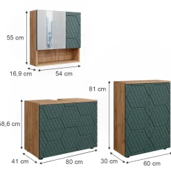 Badmöbel-Set Irma Grün/Goldkraft Eiche 3 Teile, mit Unterschrank 80 cm Vicco