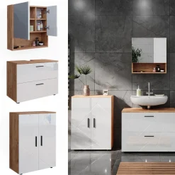 Badmöbel-Set Irma Weiß Hochglanz/Goldkraft Eiche 3 Teile, mit Unterschrank 80 cm Vicco