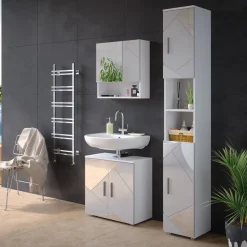 Badmöbel-Set Irma Weiß Hochglanz mit Einsätzen 3 Teile, mit Hochschrank Vicco