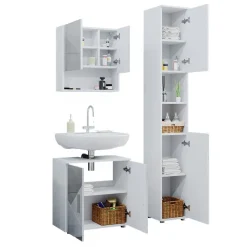 Badmöbel-Set Irma Weiß Hochglanz mit Einsätzen 3 Teile, mit Hochschrank Vicco