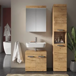Badmöbel-Set Luna Eiche Wotan 3 Teile, mit Hochschrank Vicco
