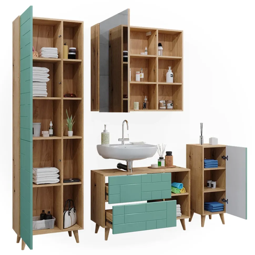 Badmöbel-Set Rudi Mintgrün 4 Teile, mit Hochschrank Vicco