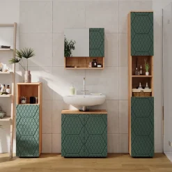 Badschrank Irma Grün/Goldkraft Eiche 30 x 192 cm Vicco