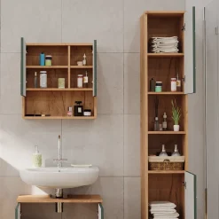 Badschrank Irma Grün/Goldkraft Eiche 30 x 192 cm Vicco