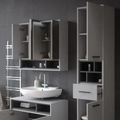 Badschrank Beatrice Grau/Anthrazit 38 x 190 cm mit Türen, Schubladen und Fächern Vicco