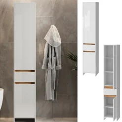 Badschrank Detmold Weiß Hochglanz/Goldkraft Eiche 35 x 190 cm mit 2 Türen und eine Schublade Vicco