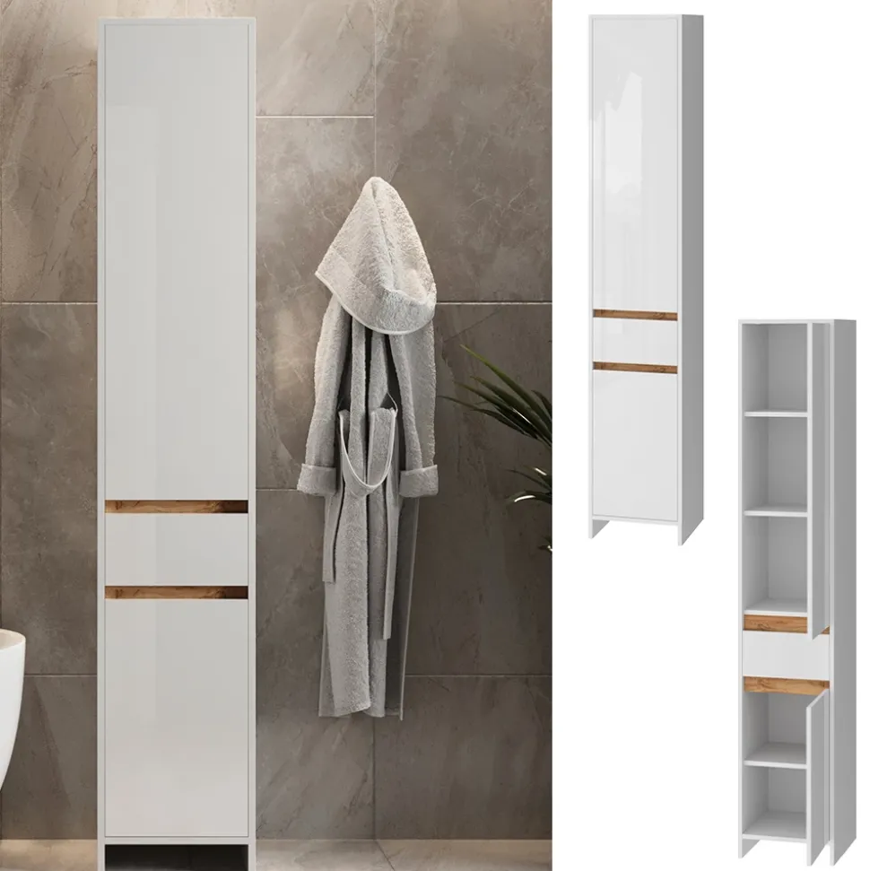 Badschrank Detmold Weiß Hochglanz/Goldkraft Eiche 35 x 190 cm mit 2 Türen und eine Schublade Vicco