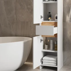 Badschrank Detmold Weiß Hochglanz/Goldkraft Eiche 35 x 190 cm mit 2 Türen und eine Schublade Vicco