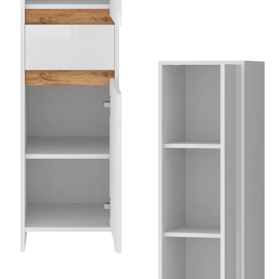 Badschrank Detmold Weiß Hochglanz/Goldkraft Eiche 35 x 190 cm mit 2 Türen und eine Schublade Vicco