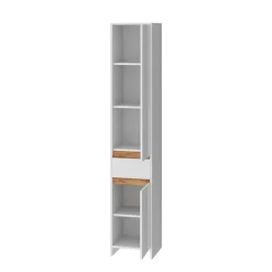 Badschrank Detmold Weiß Hochglanz/Goldkraft Eiche 35 x 190 cm mit 2 Türen und eine Schublade Vicco