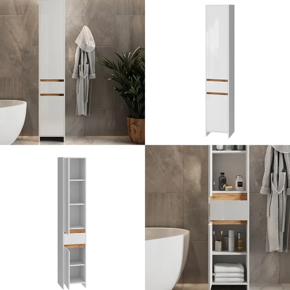 Badschrank Detmold Weiß Hochglanz/Goldkraft Eiche 35 x 190 cm mit 2 Türen und eine Schublade Vicco