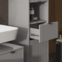 Badschrank Eliza Grau 40 x 190 cm mit Türen, und Schublade Vicco