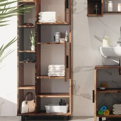 Badschrank Ilias Eiche rustikal 60 x 190 cm mit Türen, und offenen Fächern Vicco