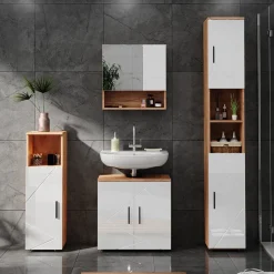 Badschrank Irma Weiß Hochglanz/Goldkraft Eiche 30 x 192 cm mit Türen, und offenen Fächern Vicco