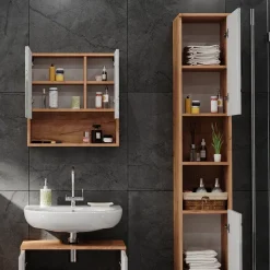 Badschrank Irma Weiß Hochglanz/Goldkraft Eiche 30 x 192 cm mit Türen, und offenen Fächern Vicco