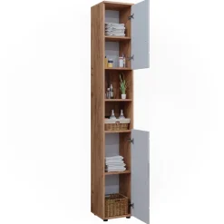 Badschrank Irma Weiß Hochglanz/Goldkraft Eiche 30 x 192 cm mit Türen, und offenen Fächern Vicco