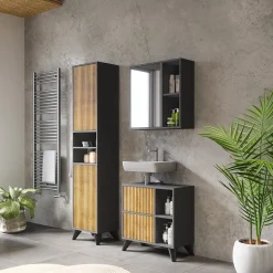 Badschrank Leano Anthrazit/Bergeiche 38 x 180 cm mit 2 Türen Vicco