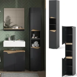 Badschrank Marelle Anthrazit/Artisan 30 x 180 cm mit Türen, und offenen Fächern Vicco