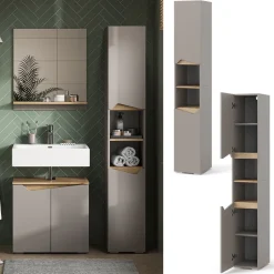 Badschrank Marelle Greige/Artisan 30 x 180 cm mit Türen, und offenen Fächern Vicco