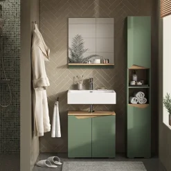 Badschrank Marelle Grün/Artisan 30 x 180 cm mit Türen und offenen Fächern Vicco