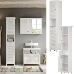 Badschrank Riad Weiß 32 x 170 cm mit Türen, Schublade und offenem Fach Vicco