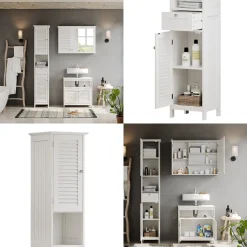 Badschrank Riad Weiß 32 x 170 cm mit Türen, Schublade und offenem Fach Vicco