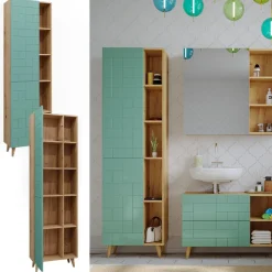 Badschrank Rudi Mintgrün 56 x 193 cm mit Türen, und offenen Fächern Vicco