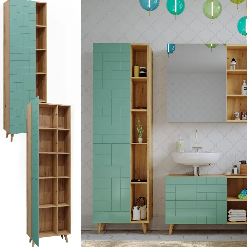 Badschrank Rudi Mintgrün 56 x 193 cm mit Türen, und offenen Fächern Vicco