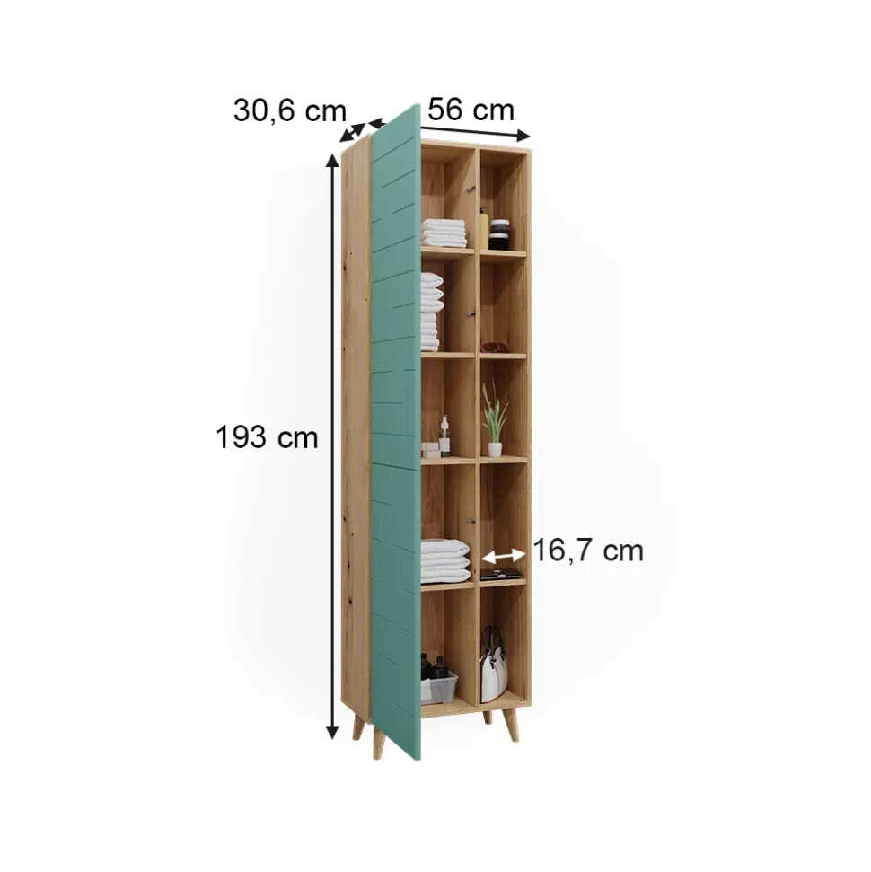 Badschrank Rudi Mintgrün 56 x 193 cm mit Türen, und offenen Fächern Vicco