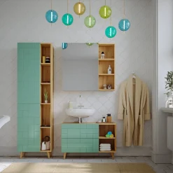 Badschrank Rudi Mintgrün 56 x 193 cm mit Türen, und offenen Fächern Vicco