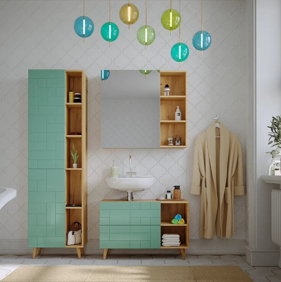 Badschrank Rudi Mintgrün 56 x 193 cm mit Türen, und offenen Fächern Vicco