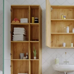 Badschrank Rudi Mintgrün 56 x 193 cm mit Türen, und offenen Fächern Vicco