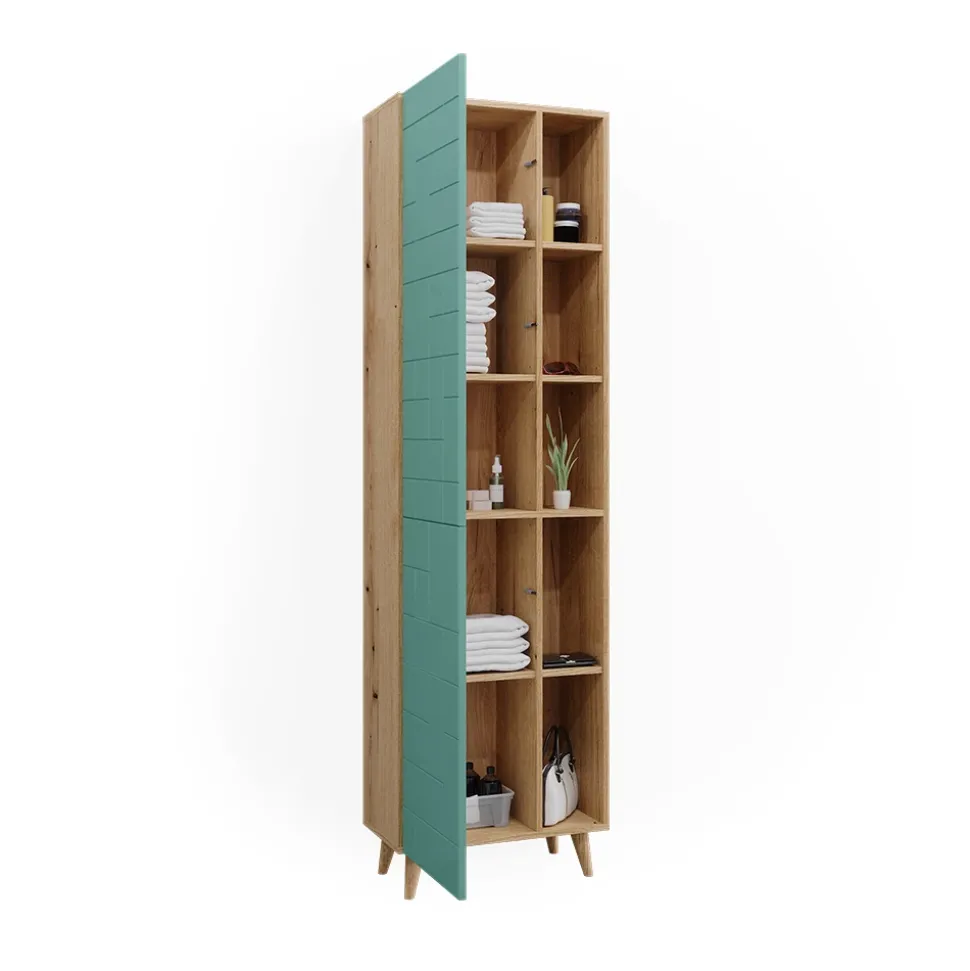 Badschrank Rudi Mintgrün 56 x 193 cm mit Türen, und offenen Fächern Vicco
