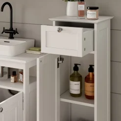 Badschrank Vanity Weiß 32 x 92 cm mit Schublade Vicco