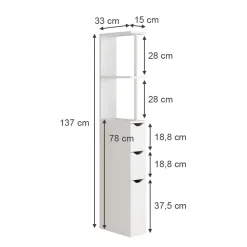 Badschrank Vera Weiß 15 x 137 cm mit 3 Schubladen Vicco