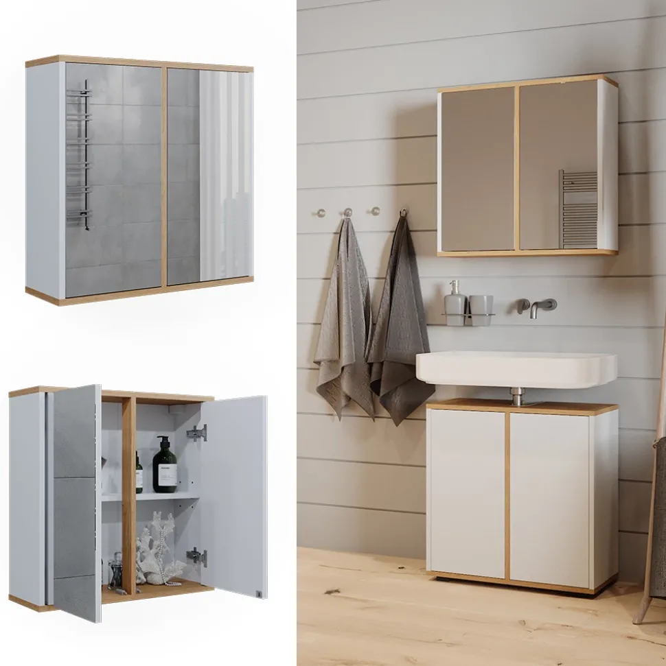 Badspiegelschrank Didi Weiß/Artisan 60 x 60 cm mit zwei Spiegeltüren Vicco