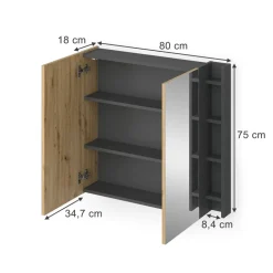 Badspiegelschrank Edelin Anthrazit/Artisan 80 x 75 cm mit Regalen Vicco