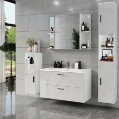 Badspiegelschrank Irma Weiß/Weiß Hochglanz 100 x 75 cm mit 2 Türen Vicco